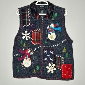 Design Original Studio Joy Sweater Knit Vest Snowman Winter Plaid Large Blue Zip